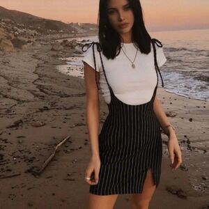 Tiger Mist | Clara Striped Pinstripe Tie Strap Mini Slit Dress Black White